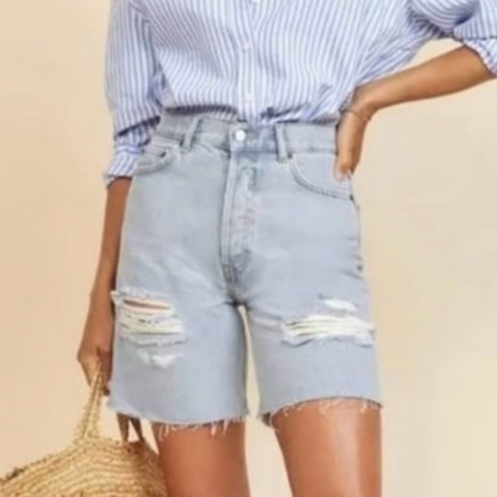Reformation Light Blue Distressed High-Rise Jean Shorts